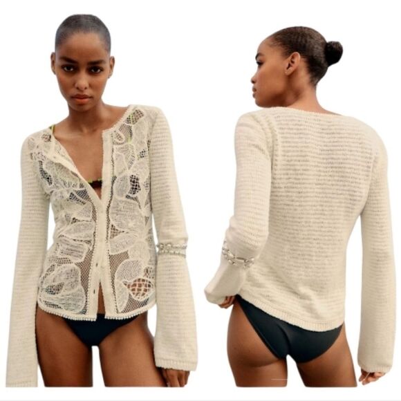 Zara Boho Floral Knit Crochet Coastal Minimalist Cardigan Cream Large - Picture 3 of 15
